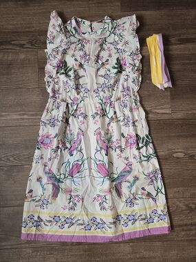 Banjanan Dress Womens M White Botany Bay Pockets Cotton Poplin Bird Boho Artisan